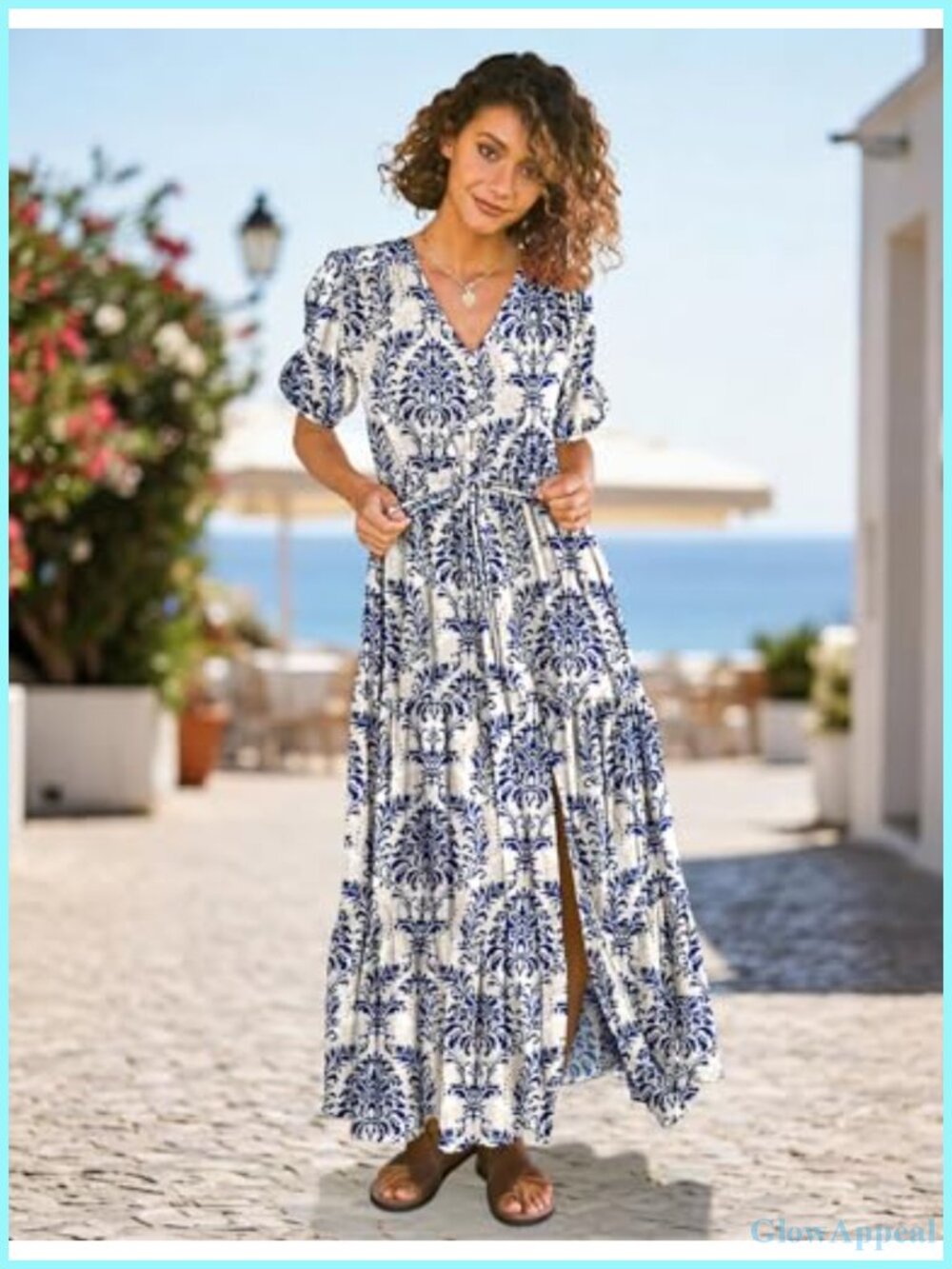 Boho Maxi Dress V Neck Puff Sleeve Tiered Split Flowy Casual Dress with Pockets - Picture 3 of 6